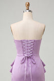 Strapless Light Purple Bodycon Lace Up Back Pearls Ruched Homecoming Dress