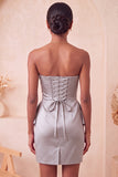 Strapless Light Purple Bodycon Lace Up Back Pearls Ruched Homecoming Dress