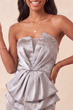 Strapless Light Purple Bodycon Lace Up Back Pearls Ruched Homecoming Dress