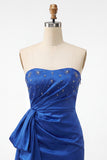 Satin Royal Blue Strapless Bodycon Lace Up Back Beaded Ruched Homecoming Dress with Sash