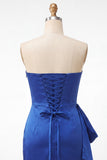 Satin Royal Blue Strapless Bodycon Lace Up Back Beaded Ruched Homecoming Dress with Sash