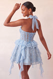 Halter Neck A-Line Mint Green Sheer Corset Floral Ruffled Homecoming Dress with Lace Up Back