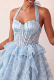 Halter Neck A-Line Mint Green Sheer Corset Floral Ruffled Homecoming Dress with Lace Up Back