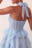 Halter Neck A-Line Mint Green Sheer Corset Floral Ruffled Homecoming Dress with Lace Up Back