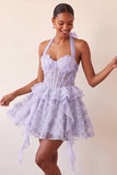 Halter Neck A-Line Mint Green Sheer Corset Floral Ruffled Homecoming Dress with Lace Up Back