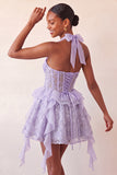 Halter Neck A-Line Mint Green Sheer Corset Floral Ruffled Homecoming Dress with Lace Up Back