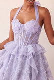 Halter Neck A-Line Mint Green Sheer Corset Floral Ruffled Homecoming Dress with Lace Up Back