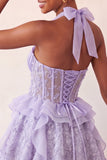 Halter Neck A-Line Mint Green Sheer Corset Floral Ruffled Homecoming Dress with Lace Up Back