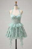 Halter Neck A-Line Mint Green Sheer Corset Floral Ruffled Homecoming Dress with Lace Up Back