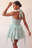 Halter Neck A-Line Mint Green Sheer Corset Floral Ruffled Homecoming Dress with Lace Up Back