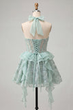 Halter Neck A-Line Mint Green Sheer Corset Floral Ruffled Homecoming Dress with Lace Up Back