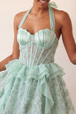 Halter Neck A-Line Mint Green Sheer Corset Floral Ruffled Homecoming Dress with Lace Up Back