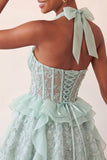 Halter Neck A-Line Mint Green Sheer Corset Floral Ruffled Homecoming Dress with Lace Up Back