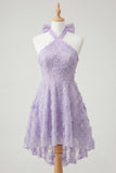 Lilac Halter Neck A-Line Pearls Floral High Low Homecoming Dress with Lace Up Back