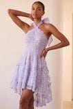 Lilac Halter Neck A-Line Pearls Floral High Low Homecoming Dress with Lace Up Back