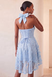 Lilac Halter Neck A-Line Pearls Floral High Low Homecoming Dress with Lace Up Back