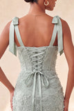 Dusty Sage Bodycon Corset Peals Floral Bowed Straps Homecoming Dress with Lace Up Back