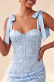 Dusty Sage Bodycon Corset Peals Floral Bowed Straps Homecoming Dress with Lace Up Back