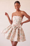 Dusty Blue Strapless A-Line Jacquard Floral Lace Up Back Homecoming Dress with Bow