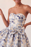 Dusty Blue Strapless A-Line Jacquard Floral Lace Up Back Homecoming Dress with Bow