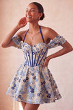Light Pink Halter Neck A-Line Corset Jacquard Floral Homecoming Dress with Lace Up Back
