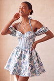 Light Pink Halter Neck A-Line Corset Jacquard Floral Homecoming Dress with Lace Up Back
