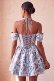 Light Pink Halter Neck A-Line Corset Jacquard Floral Homecoming Dress with Lace Up Back