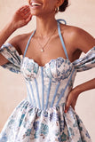 Light Pink Halter Neck A-Line Corset Jacquard Floral Homecoming Dress with Lace Up Back