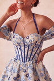 Light Pink Halter Neck A-Line Corset Jacquard Floral Homecoming Dress with Lace Up Back