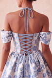 Light Pink Halter Neck A-Line Corset Jacquard Floral Homecoming Dress with Lace Up Back