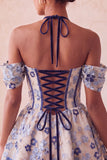 Light Pink Halter Neck A-Line Corset Jacquard Floral Homecoming Dress with Lace Up Back