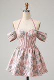 Light Pink Halter Neck A-Line Corset Jacquard Floral Homecoming Dress with Lace Up Back