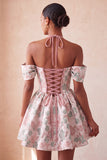 Light Pink Halter Neck A-Line Corset Jacquard Floral Homecoming Dress with Lace Up Back