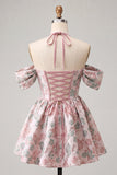 Light Pink Halter Neck A-Line Corset Jacquard Floral Homecoming Dress with Lace Up Back