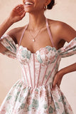 Light Pink Halter Neck A-Line Corset Jacquard Floral Homecoming Dress with Lace Up Back