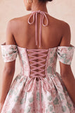 Light Pink Halter Neck A-Line Corset Jacquard Floral Homecoming Dress with Lace Up Back