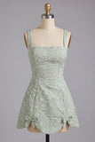 A-Line Dusty Sage Square Neck Jacquard Floral Lace Up Back Homecoming Dress with Bow