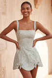 A-Line Dusty Sage Square Neck Jacquard Floral Lace Up Back Homecoming Dress with Bow