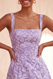 A-Line Dusty Sage Square Neck Jacquard Floral Lace Up Back Homecoming Dress with Bow