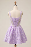 A-Line Light Purple Square Neck Corset Jacquard Lace Up Back Beaded Homecoming Dress