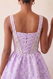 A-Line Light Purple Square Neck Corset Jacquard Lace Up Back Beaded Homecoming Dress