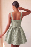 A-Line Jacquard Yellow Floral Lace Up Back Homecoming Dress with Bow