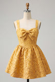 A-Line Jacquard Yellow Floral Lace Up Back Homecoming Dress with Bow