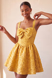 A-Line Jacquard Yellow Floral Lace Up Back Homecoming Dress with Bow