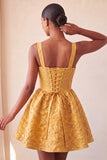 A-Line Jacquard Yellow Floral Lace Up Back Homecoming Dress with Bow