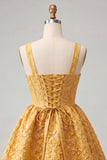 A-Line Jacquard Yellow Floral Lace Up Back Homecoming Dress with Bow