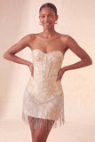 Lake Blue Sweetheart Corset Jacquard Lace Up Back Homecoming Dress with Fringes
