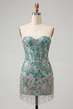 Lake Blue Sweetheart Corset Jacquard Lace Up Back Homecoming Dress with Fringes