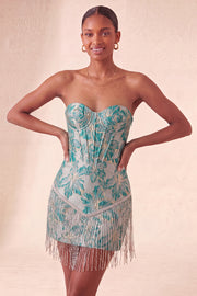 Lake Blue Sweetheart Corset Jacquard Lace Up Back Homecoming Dress with Fringes