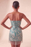 Lake Blue Sweetheart Corset Jacquard Lace Up Back Homecoming Dress with Fringes